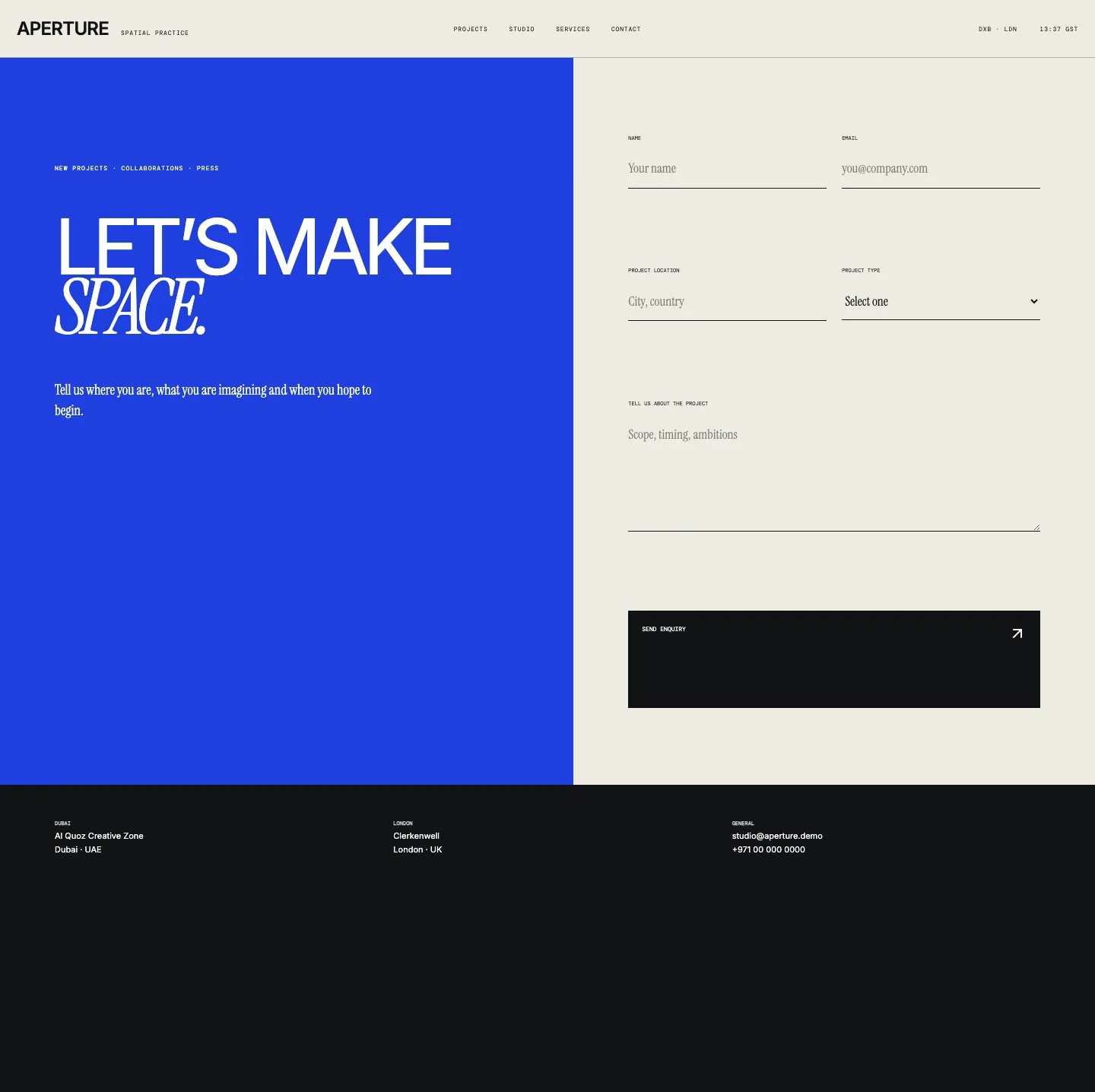 Aperture Office template, contact page, desktop