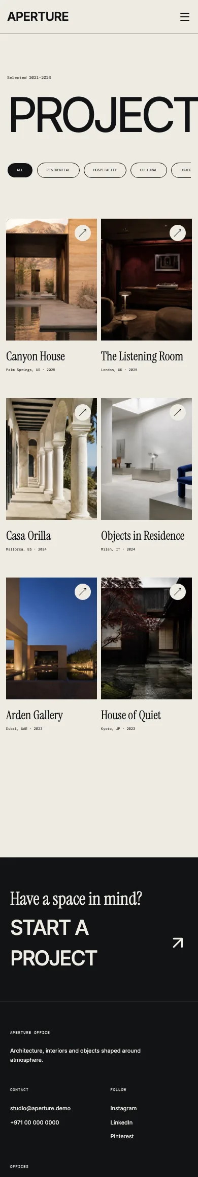 Aperture Office template, projects page, phone