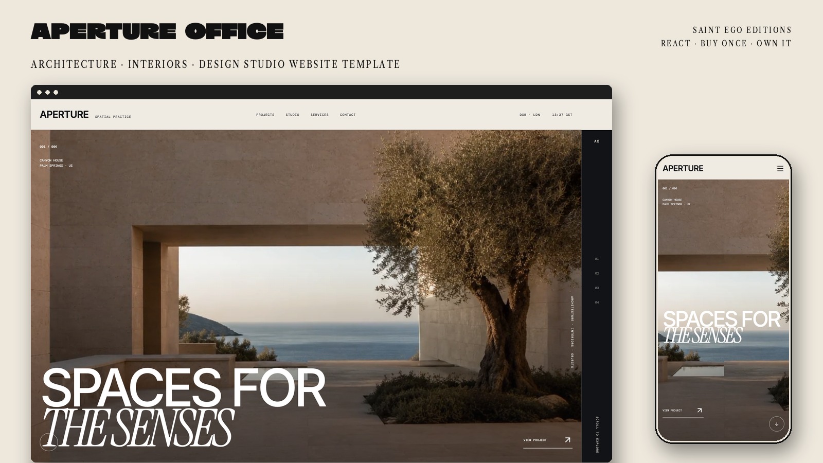 Aperture Office, the architecture and interior studio website template, desktop and phone