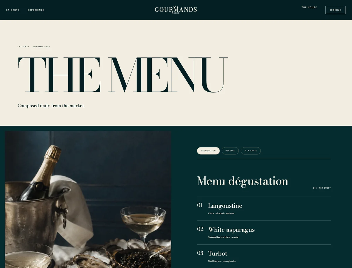 Les Gourmands template, the interactive menu page