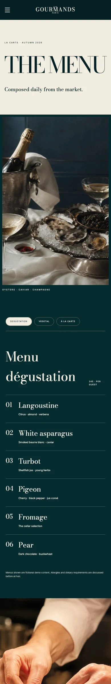 Les Gourmands template, the menu page, phone