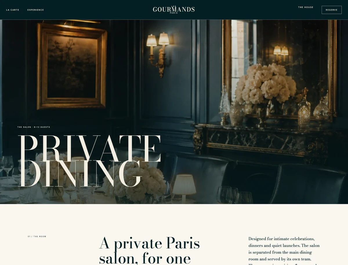 Les Gourmands template, private dining page, desktop