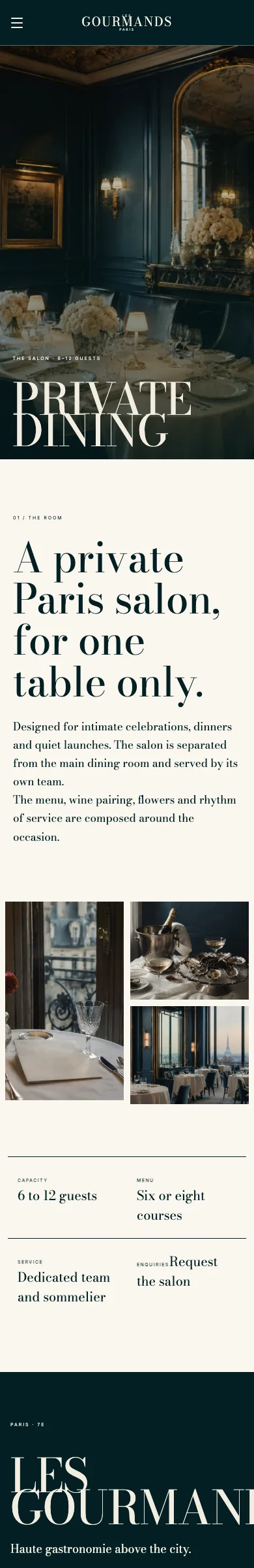 Les Gourmands template, private dining page, phone