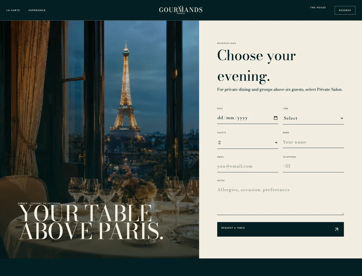 Les Gourmands template, reservations page, desktop